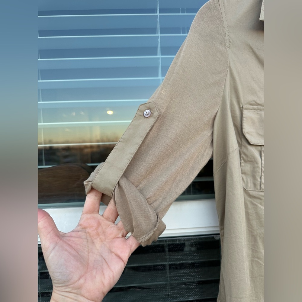 BCBGMaxAzaria Khaki Tan Button Down Rolltab Shirt - Picture 4 of 6